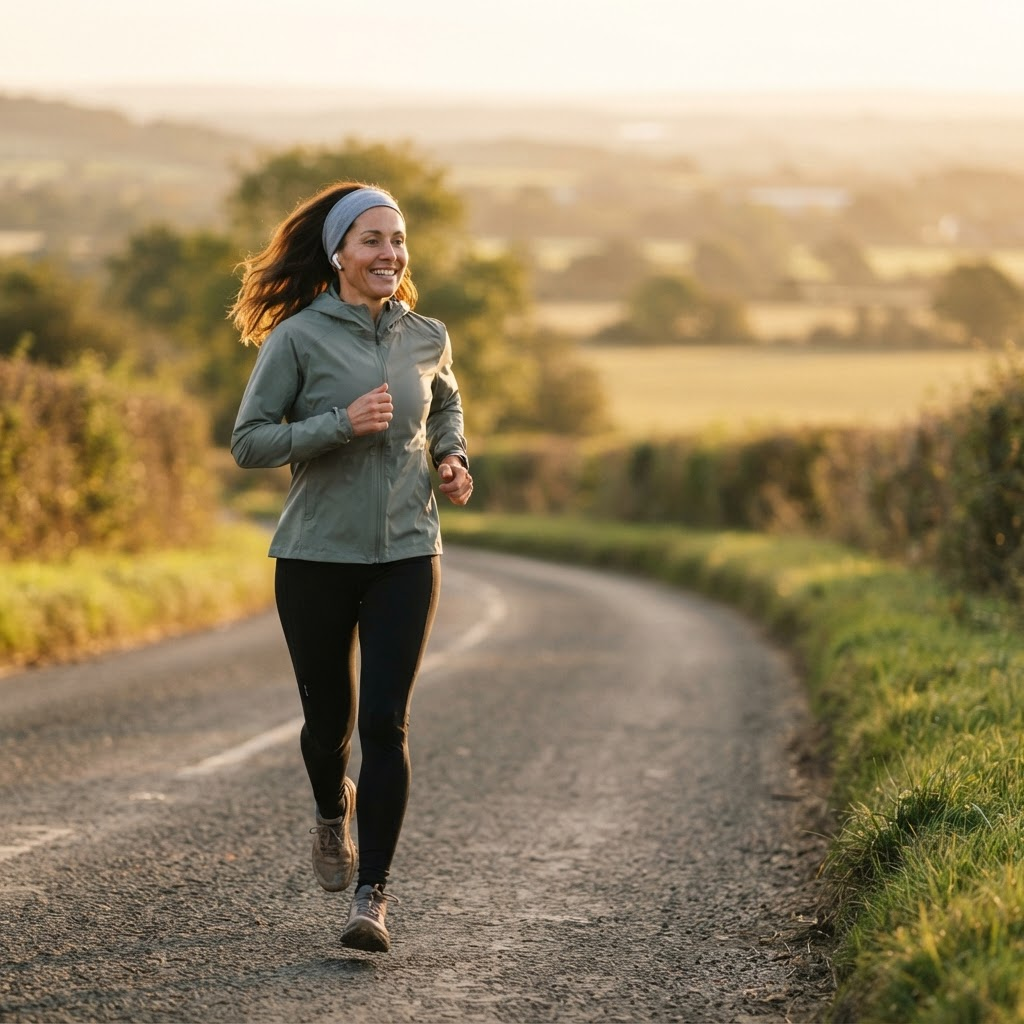 A healthy woman jogging along a country road at golden hour, full of energy